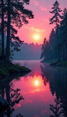 Naklejka premium Pink hues of a sunset softly filter through forest trees and onto lake surface, forest landscape, natural ambiance