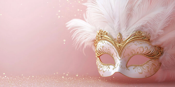 An elegant white and gold masquerade mask with delicate feathers rests on a pastel background adorned with glitter, evoking an air of mystery and sophistication for a festive concept banner.