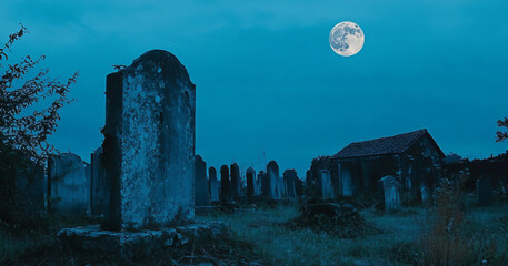 A haunting graveyard scene bathed in eerie blue light beneath a full moon, with shadowy tombstones and skeletal trees adding to the supernatural ambiance of a ghostly night.