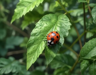Realistic watercolor ladybug on green foliage, summer, realistic, environment, flora, small
