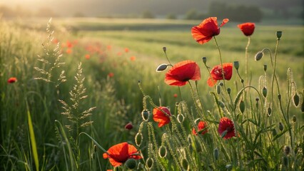 Red poppies stand tall among a carpet of soft green grass as the warm summer sun shines down on the lush meadow, nature, green grass, landscape, blooming flowers, wildflowers