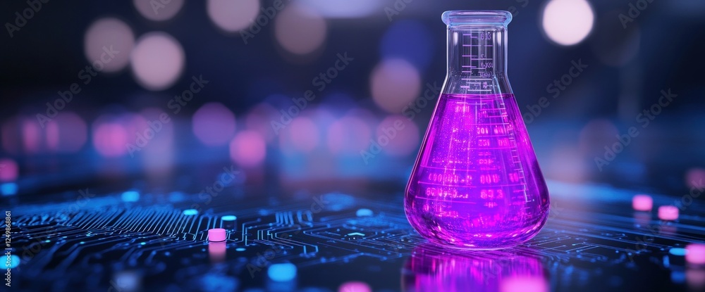 Poster purple liquid in flask on circuit board, bokeh background