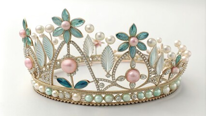 Regal crown featuring a mix of glass beads and seed pearls in a floral pattern, layered beading, decorative accessories, unique headpieces, , multi colored gems