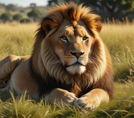 Fototapeta premium Regal lion with a thick mane reclining on the savannah grass , savannah grass, grasslands, thick mane