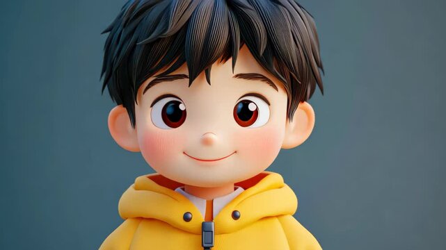 A cheerful 3D cartoon boy in a yellow jacket radiating joy, perfect for animation and graphic design projects.