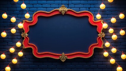 Red blank frame with light bulbs on dark blue brick wall background. Realistic 3d vector illustration of retro cinema or casino billboard with lamps. Circus or theatre empty banner template.