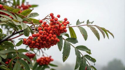 Obraz premium Rowan Berry Cluster Against a Muted Background, earthy tones, natural colors, rowan berries, leafy foliage