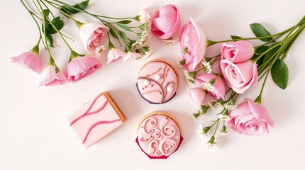 Decorative cookies with pink roses and white flowers, sweets background