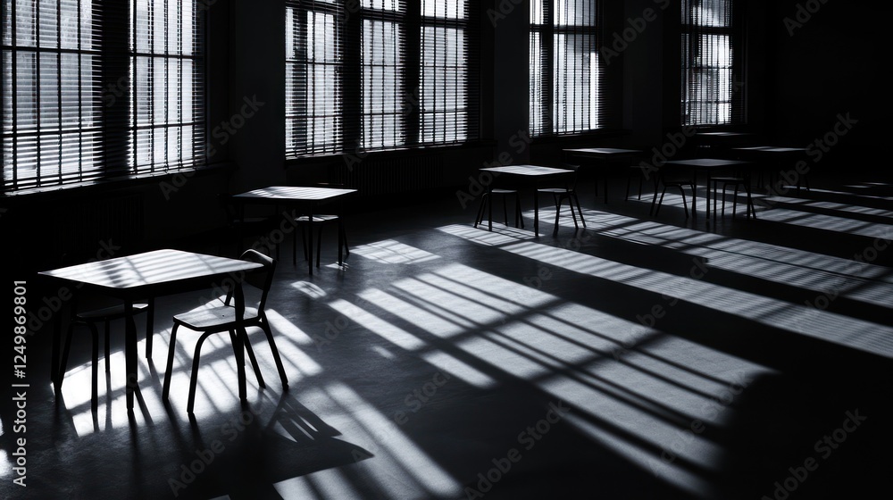 Poster empty classroom with sunlight streaming through large windows, casting shadows on the floor.