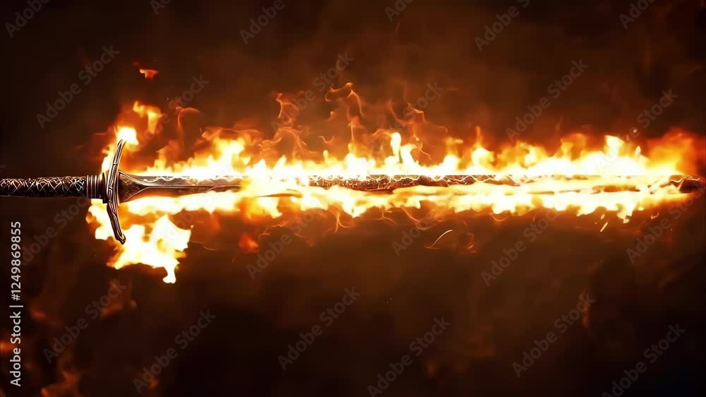 Poster a sword engulfed in flames, creating a dramatic and fiery visual effect.