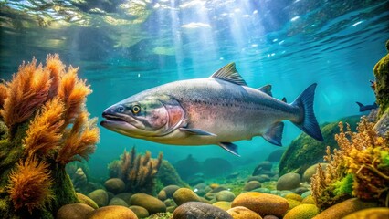 Naklejka premium Salmon swimming near underwater rocks with seaweed and coral in the background, rock, ocean, salmon, seaweed, water