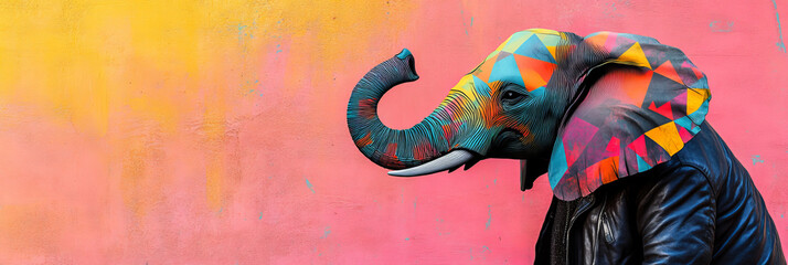A bold and artistic depiction of an elephant wearing a sleek leather jacket, created with intricate geometric patterns in a dazzling mix of colors, blending creativity and modern design.