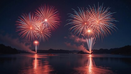 Spectacular Fireworks Display Over Calm Lake at Night Stunning Night Sky Festive Celebration
