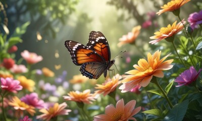 serene garden scene with a butterfly landing on a delicate flower petal, butterfly, nature