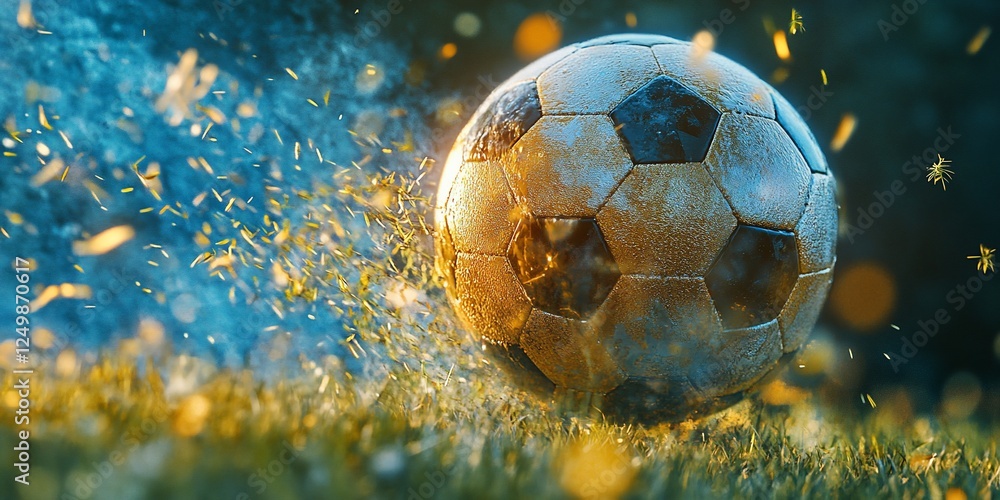 Poster close-up of a worn soccer ball rolling on grass with dynamic motion blur.