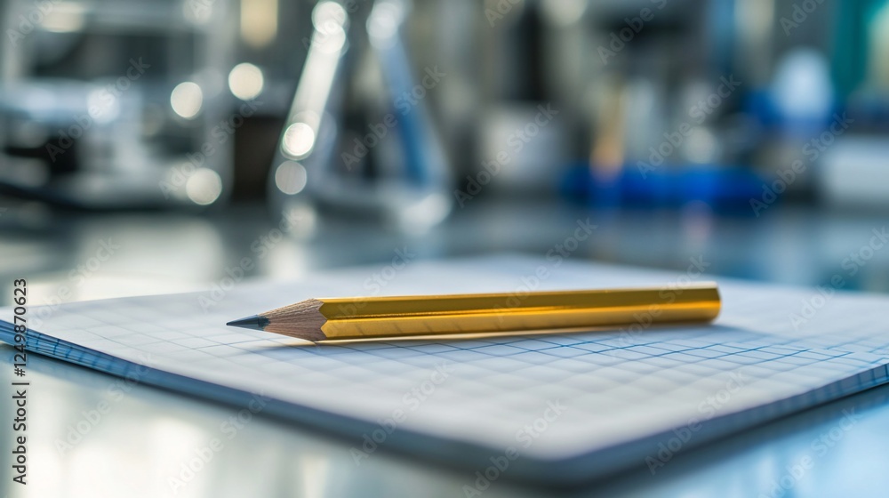 Poster yellow pencil on grid notebook in science lab.