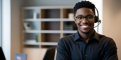 Friendly male customer service professional with a headset, dressed in a black shirt, smiling in a bright office setting, embodying confidence and excellent client relations

