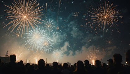 Crowd Watching Spectacular Fireworks Display at Night Celebration