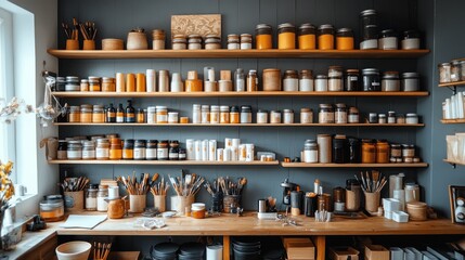 Artist's Studio Shelves with Paint Jars and Brushes in a Creative Workspace