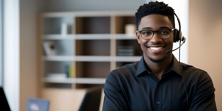 Friendly male customer service professional with a headset, dressed in a black shirt, smiling in a bright office setting, embodying confidence and excellent client relations

