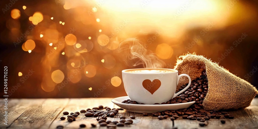 Poster steaming coffee cup with heart design on rustic wooden table with burlap sack of beans and bokeh bac