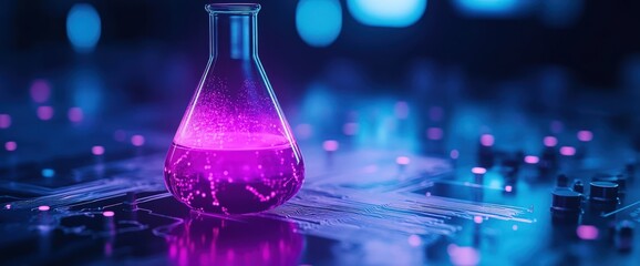 Lab Flask Glowing Purple, Circuit Background