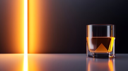 Create a minimalist composition featuring a glass cup filled with bright orange liquid, set on a glossy white surface. A strong, angular highlight