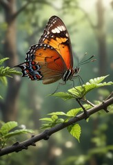 Obraz premium Single butterfly perched on a branch with shallow depth of field, macro photography, insect behavior, butterfly perch