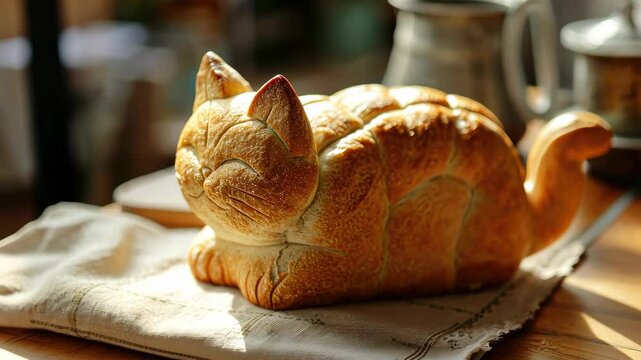 Unique bread loaf resembling an cat resting on a wooden table, Ai Generated