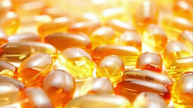A close-up of golden-colored gelatin capsules, likely dietary supplements or vitamins, glistening in a warm light.