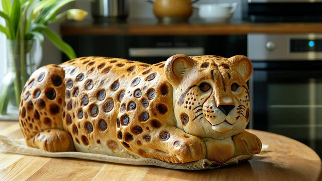 Unique bread loaf resembling an cheetah resting on a wooden table, Ai Generated