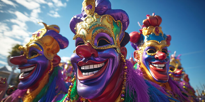 A colorful Mardi Gras float adorned with oversized masks, feathers, and beads, featuring vibrant hues of purple, gold, red, and blue as joyous parade-goers celebrate along the lively streets.