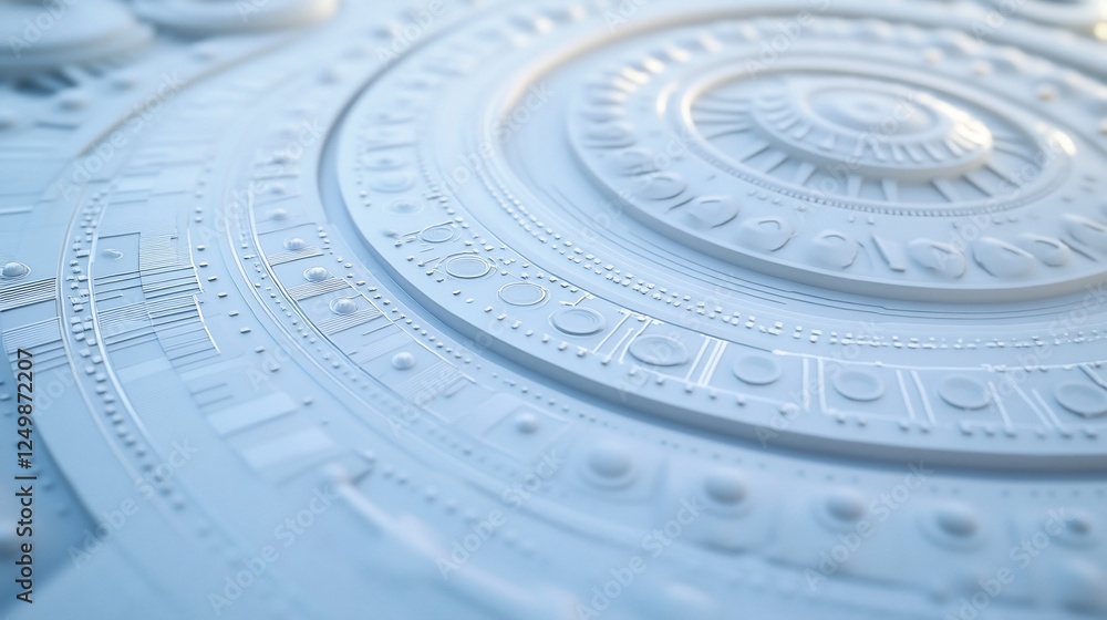 Poster abstract white circular technological design with intricate details and textures.