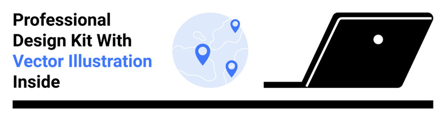 Laptop angled open next to a map with location pins. Ideal for technology, design, navigation, global communication, business planning, digital tools, abstract line flat metaphor