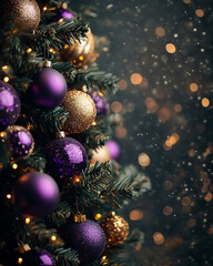 A beautifully decorated Christmas tree glows with purple and gold ornaments against a dark, festive background, twinkling bokeh lights adding warmth and elegance to the seasonal atmosphere.