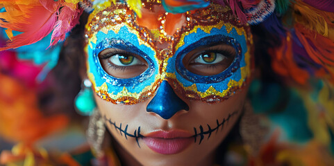 A close-up of a woman in a traditional mask and ornate costume at the Day of the Dead festival in Mexico, surrounded by cultural decorations and the spirit of ancestral remembrance.