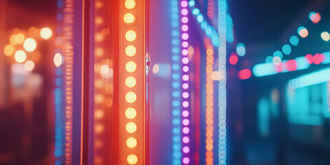 A Ferris wheel twinkles with colorful carnival lights against the night sky, evoking a nostalgic and whimsical mood reminiscent of classic amusement park experiences.