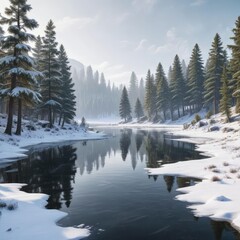 Fototapeta premium Snow-covered winter landscape with a frozen lake and pine trees, serene scenery, cold climate