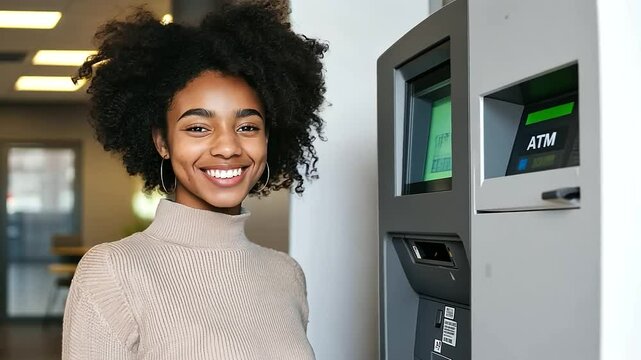 A person smiling while withdrawing cash from an ATM machine