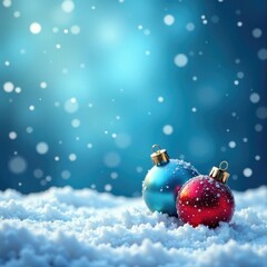 Snowy blue background with frosty glass ornaments, winter, decoration