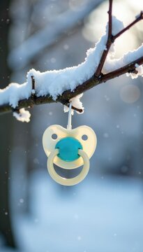 Snowy tree branch with pacifier hanging gently, winter, branch