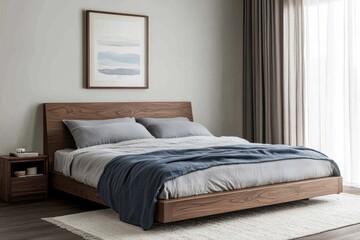 Modern wooden platform bed in minimalist bedroom.