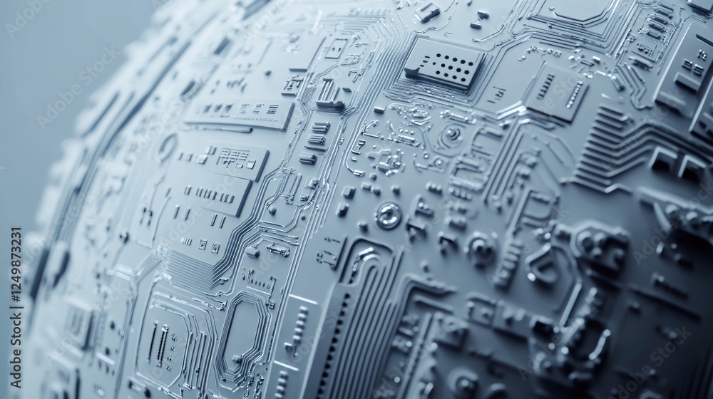 Poster close-up of a sphere textured like a circuit board, representing global technology.