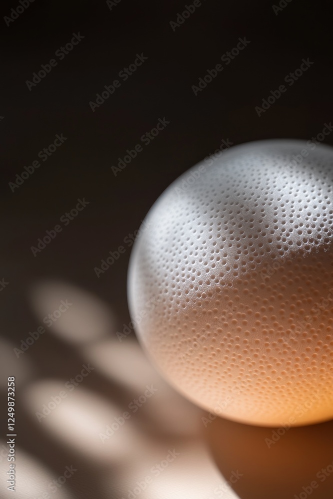 Poster close-up of a textured, off-white sphere illuminated by soft light, casting shadows on a dark surfac