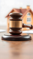 A wooden hammer lies next to a model of a house. Concepts of property disputes, jurisprudence, lawyers, mortgage, auction, sale, dispute, house, real estate, apartment, claims, bank, debts, justice