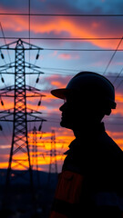 Fototapeta premium The silhouette of a worker in a hard hat stands near high voltage power lines at dusk. The colorful sky creates a backdrop highlighting the electrical infrastructure.