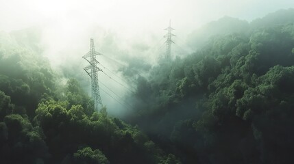 Obraz premium Power lines rise above a misty forest, showcasing nature's beauty and technology's presence