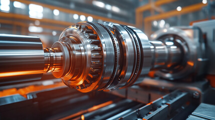 Fototapeta premium Close-up of machine parts being disassembled and repaired, focusing on the gearbox design components, symbolizing engineering precision and the complexity of modern systems. Empty space on the side.