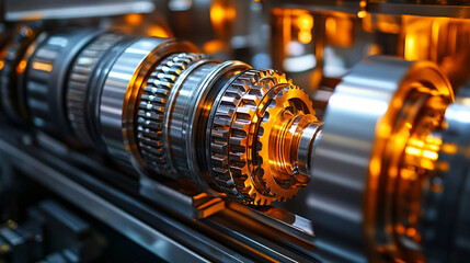 Fototapeta premium Close-up of machine parts being disassembled and repaired, focusing on the gearbox design components, symbolizing engineering precision and the complexity of modern systems. Empty space on the side.
