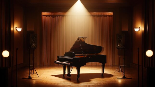 Grand piano on stage, illuminated by a spotlight, with speakers and curtains.